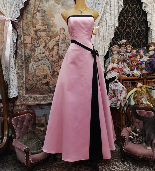 Robe de soirée longue en satin rose, coupe trapèze, sans bretelles, style vintage, D1058