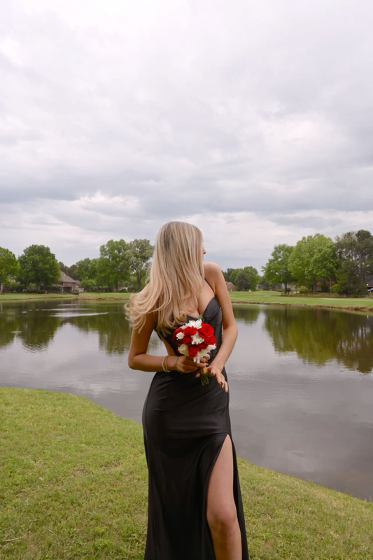 Schwarze Spaghettiträger Meerjungfrau Satin Split Lange Abend Party Kleider, D1068