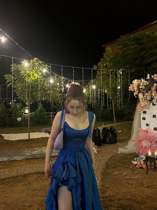 Blaue Träger A-Linie Satin Rüschen Lange Formale Ballkleider Geburtstagskleider, D1069