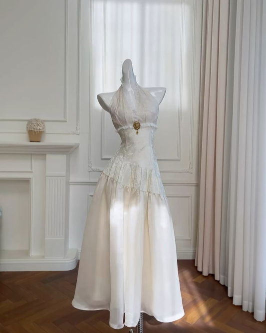 Elegantes, elfenbeinfarbenes Neckholder-A-Linien-Chiffon-Vintage-Partykleid mit langem Ärmel, Geburtstagskleid, D1082