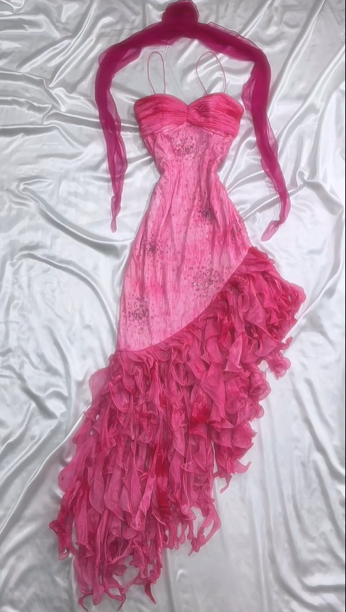 Hot Pink Spaghetti Straps A-Line Ruffles Beaded Vintage Long Party Dresses, D1090