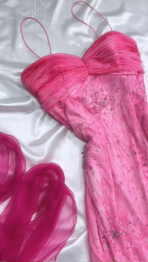 Hot Pink Spaghetti Straps A-Line Ruffles Beaded Vintage Long Party Dresses, D1090