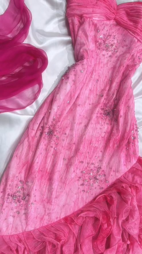 Hot Pink Spaghetti Straps A-Line Ruffles Beaded Vintage Long Party Dresses, D1090