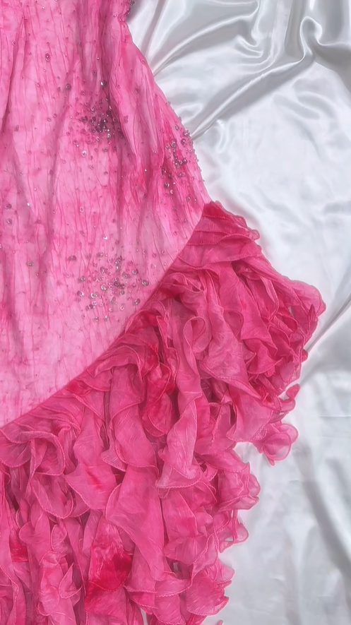 Hot Pink Spaghetti Straps A-Line Ruffles Beaded Vintage Long Party Dresses, D1090