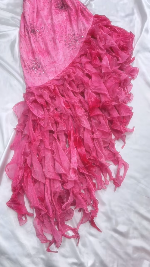 Hot Pink Spaghetti Straps A-Line Ruffles Beaded Vintage Long Party Dresses, D1090