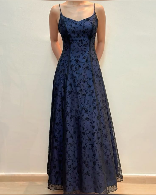 Robe de soirée longue vintage bleu marine foncé à bretelles spaghetti, coupe trapèze, D1091