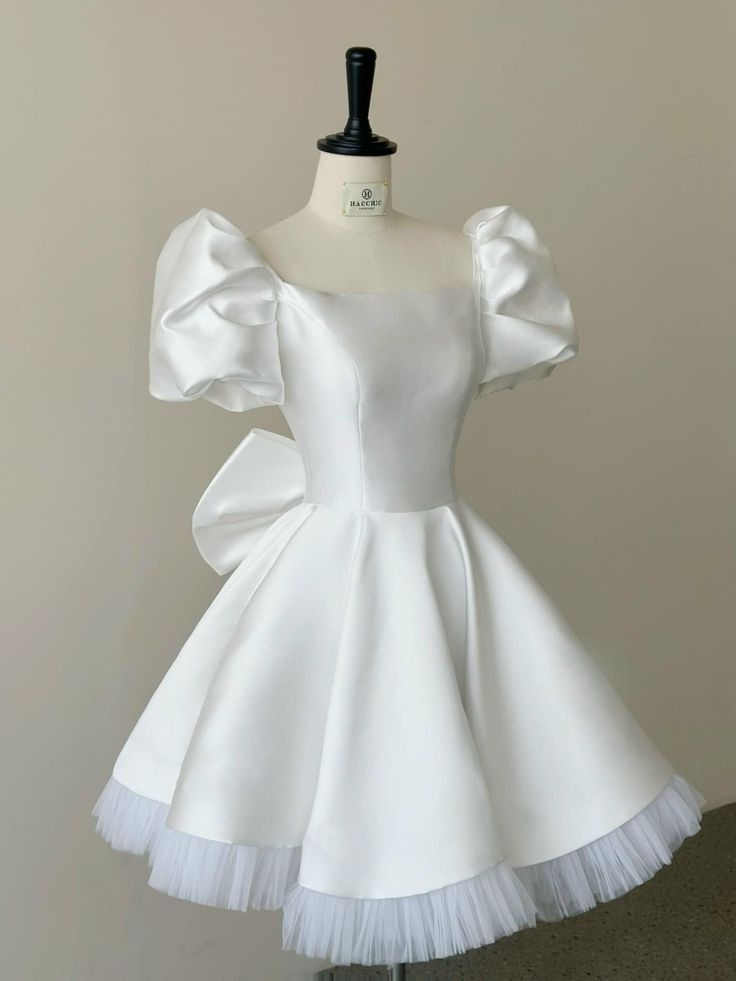 White A-Line Short Sleeves Cute Satin Birthday Dresses Short Party Dresses, D1095