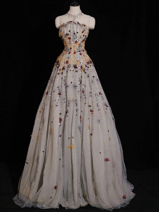 Superbe robe de soirée longue bustier en mousseline de soie perlée, coupe trapèze, D1099