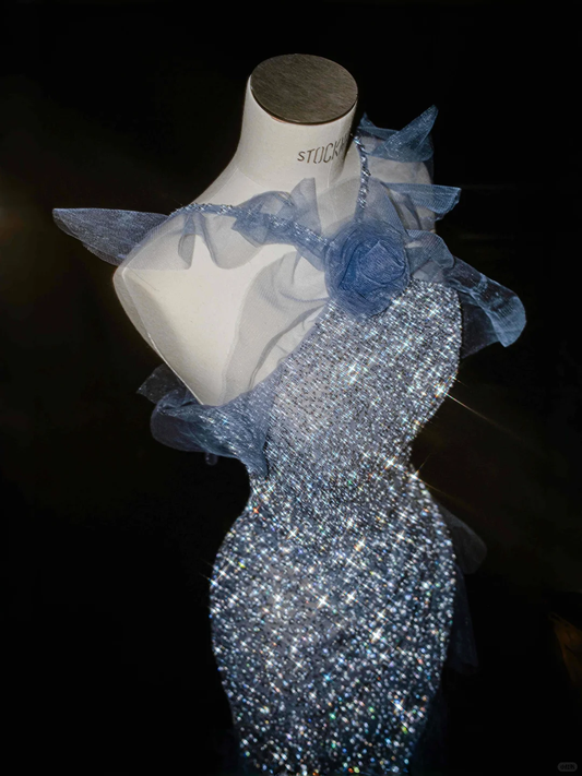 Blaue Träger Rüschen Meerjungfrau Perlen Langes Abendkleid Geburtstag Outfits, D806