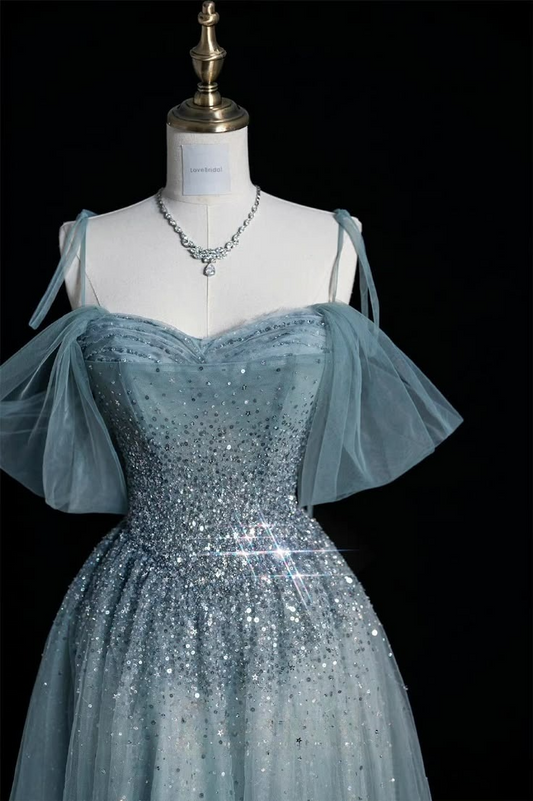 Blaue Träger Off Shoulder A-Linie Tüll Perlen Langes formelles Abendkleid Partykleid, D1100