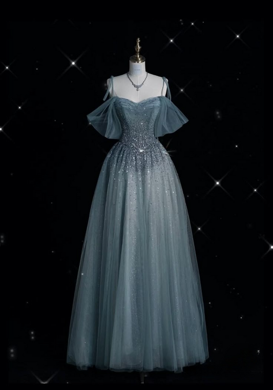 Blaue Träger Off Shoulder A-Linie Tüll Perlen Langes formelles Abendkleid Partykleid, D1100