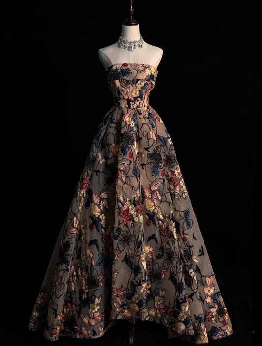 Elegantes trägerloses A-Linien-Kleid mit Stickerei, langes formelles Abendkleid, D1101