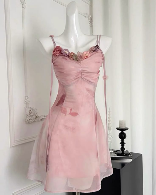 Rosa Spaghettiträger A-Linie Chiffon Kurze Partykleider Homecoming Kleider, D1113