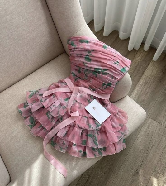 Rosa Trägerloses A-Linie Chiffon Kurzes Partykleid Homecoming-Kleid, D1124