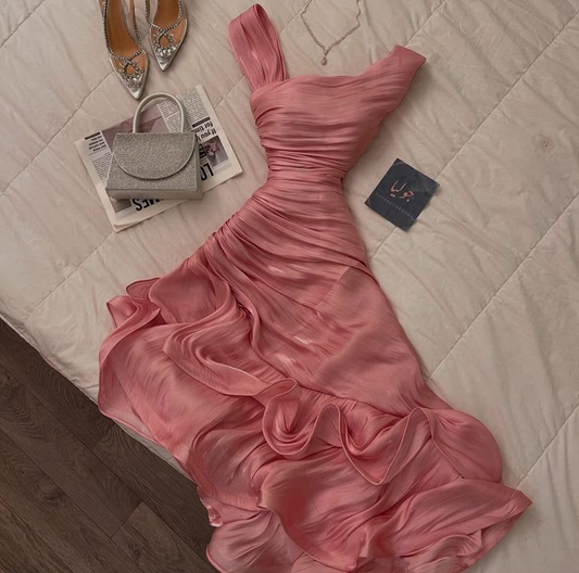 Robe de soirée longue rose sans manches, coupe trapèze, en mousseline de soie, pour invitée de mariage, D1125