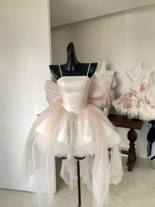 Zartrosa Spaghettiträger A-Linie Tüll Kurze Partykleider Geburtstagsoutfits, D1131