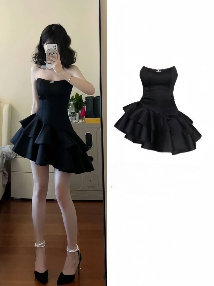 Black Strapless A-Line Satin Ruffles Homecoming Dresses Short Party Dresses, D1133
