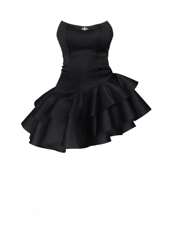 Black Strapless A-Line Satin Ruffles Homecoming Dresses Short Party Dresses, D1133