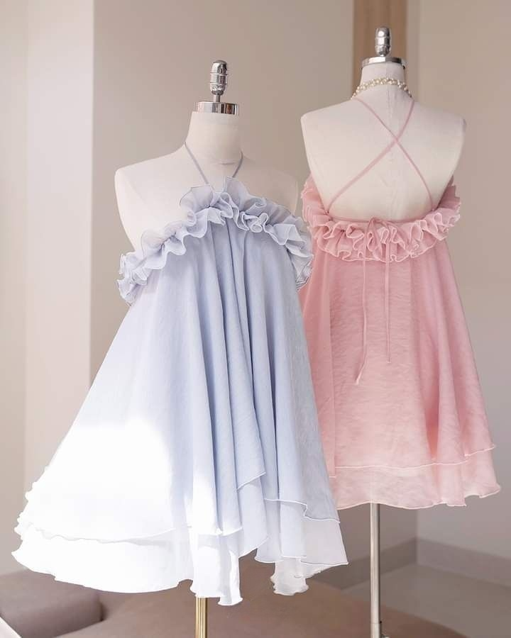 Hellblau Neckholder A-Linie Chiffon Kurze Partykleider Mode Sommerkleider, D1135