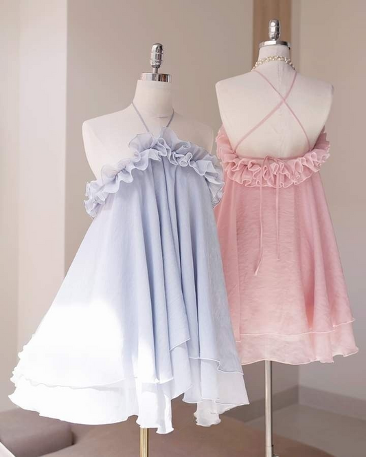 Hellblau Neckholder A-Linie Chiffon Kurze Partykleider Mode Sommerkleider, D1135