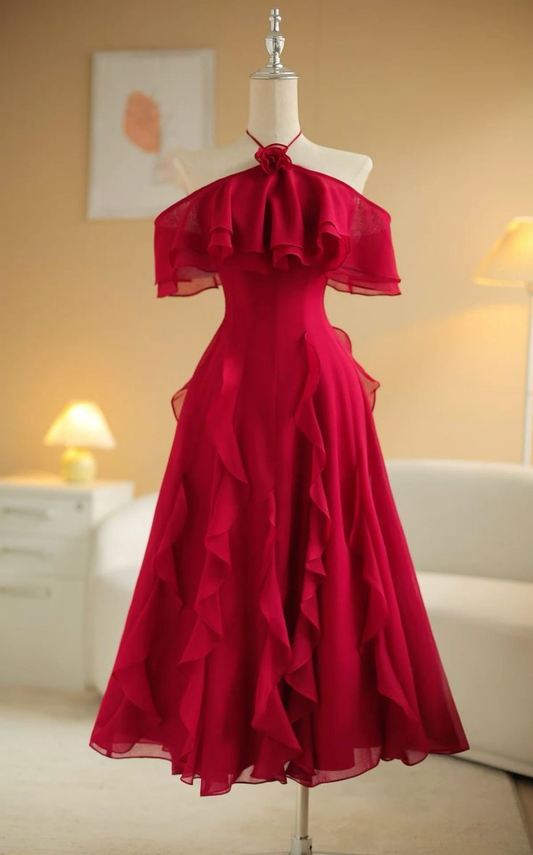 Sexy Rotes Neckholder-Schulterfreies A-Linie Chiffon Rüschen Langes Partykleid, D1140