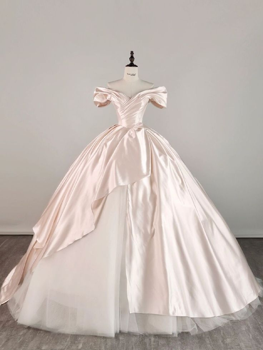 Weißes schulterfreies A-Linien-Satin-Brautkleid Birdal Dresses, D1141