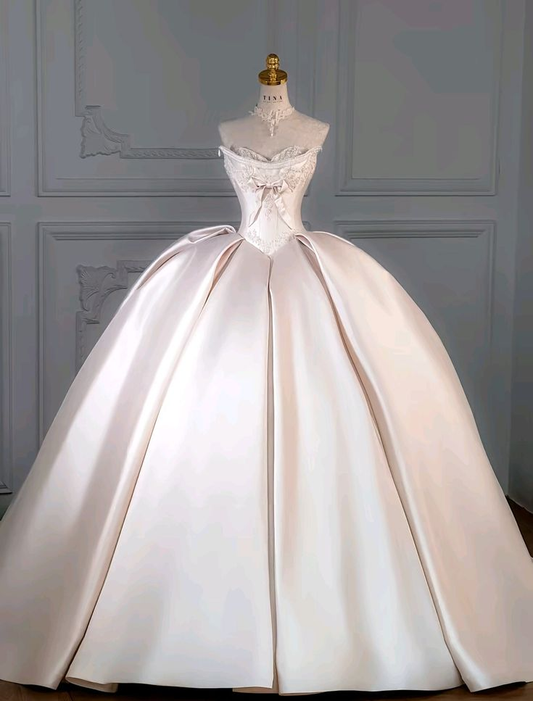 White Strapless A-Line Satin Pretty Wedding Dresses Birdal Dresses, D1142