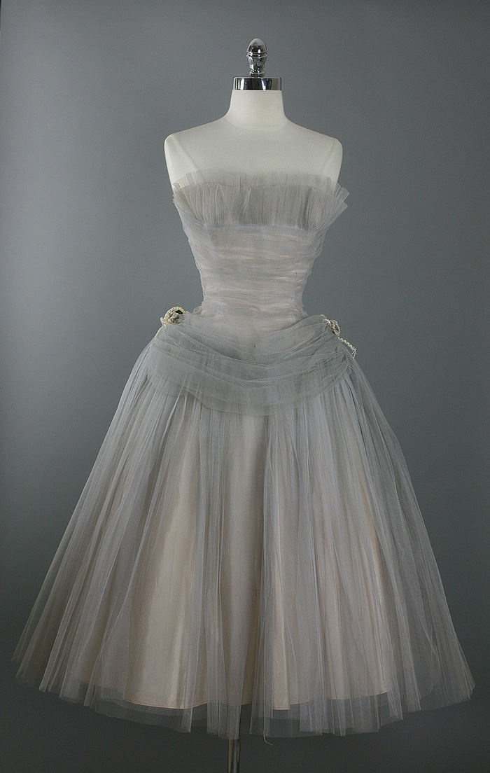 Grey Strapless A-Line Tulle Midi Lenght Cocktail Dresses Party Dresses, D1200