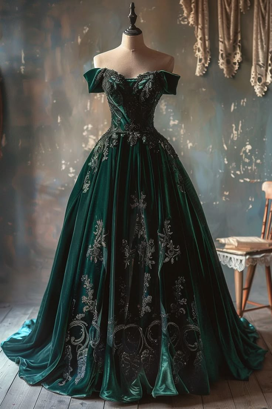 Elegantes, schulterfreies, grünes A-Linien-Abendkleid mit Perlen im Retro-Stil aus Samt, D1204