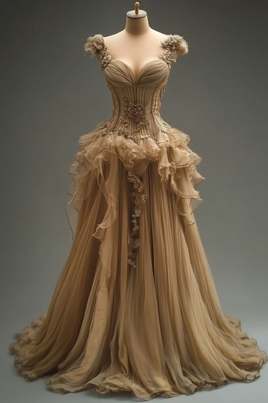 Champagner Herzausschnitt A-Linie Chiffon Applikationen Retro Abend Ballkleider, D1206