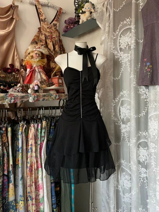 Schwarze Träger A-Linie Chiffon Kurzes Partykleid Homecoming-Kleid, D115