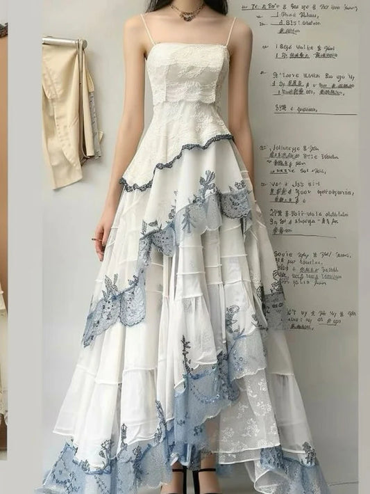Weiße Spaghettiträger A-Linie Spitzenlagen Formelles langes Partykleid, D1182
