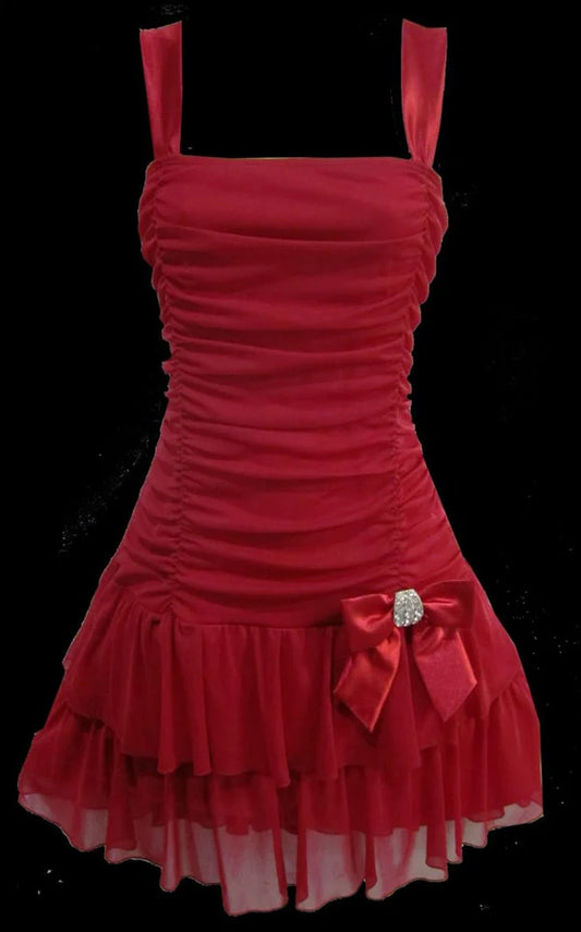 Robe de soirée courte trapèze à bretelles rouges, D1262