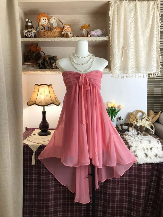 Robe de soirée courte rose sans bretelles, coupe trapèze, D1263