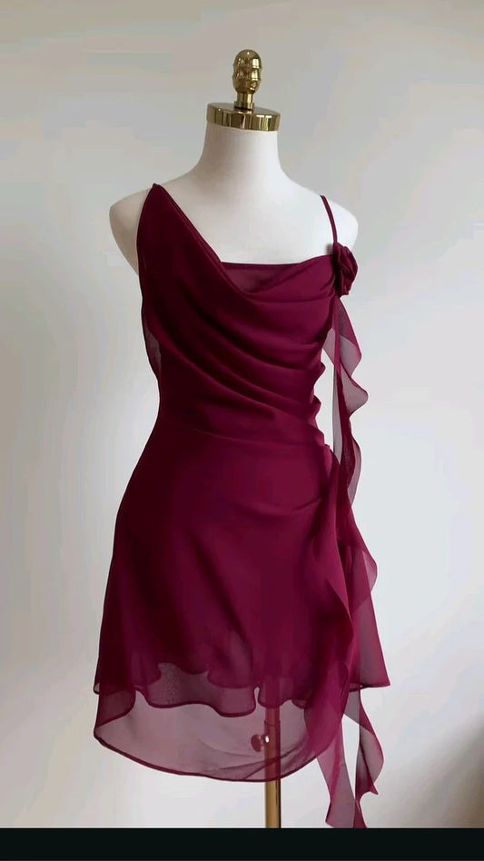 Robe fourreau courte en mousseline de soie à bretelles fines, robe de soirée, D1265