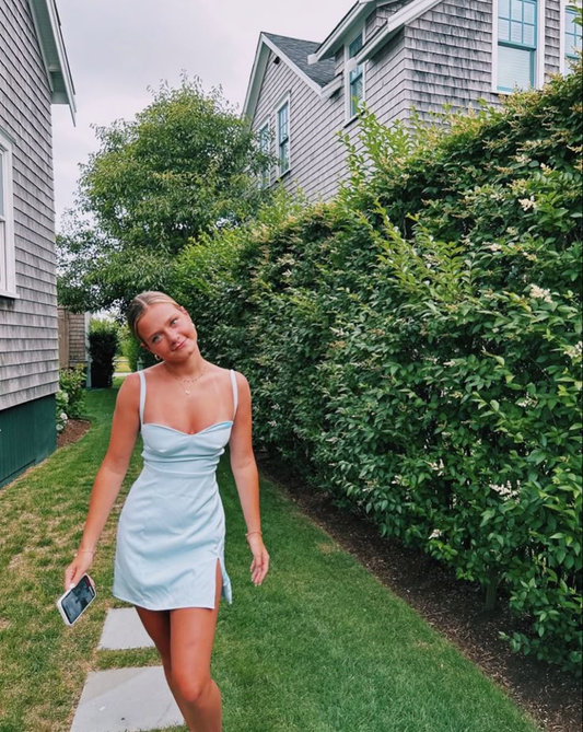 Robe fourreau courte bleu clair à bretelles, jolie robe de soirée, D1287