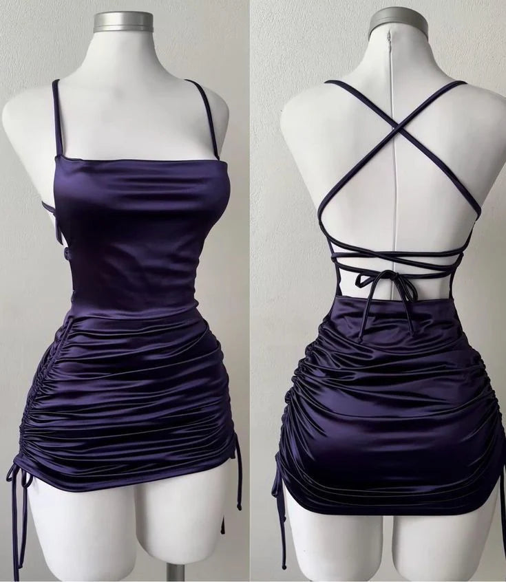 Purple Straps Sheath Satin Backless Homecoming Dresses Short Party Dresses, D1305
