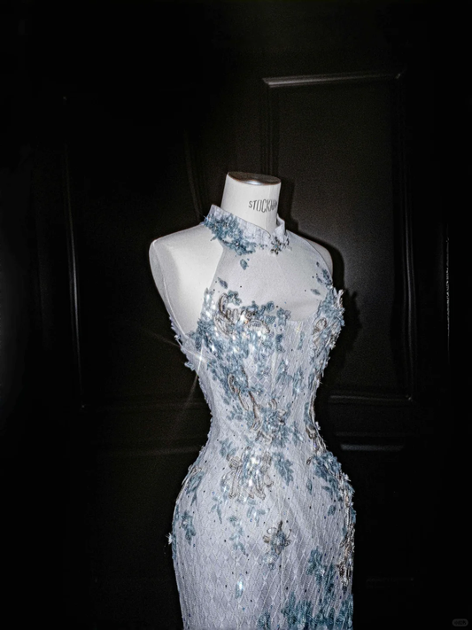 Blaues ärmelloses Meerjungfrau-Kleid mit Perlenapplikationen, langes Abendkleid, Geburtstags-Outfits, D809