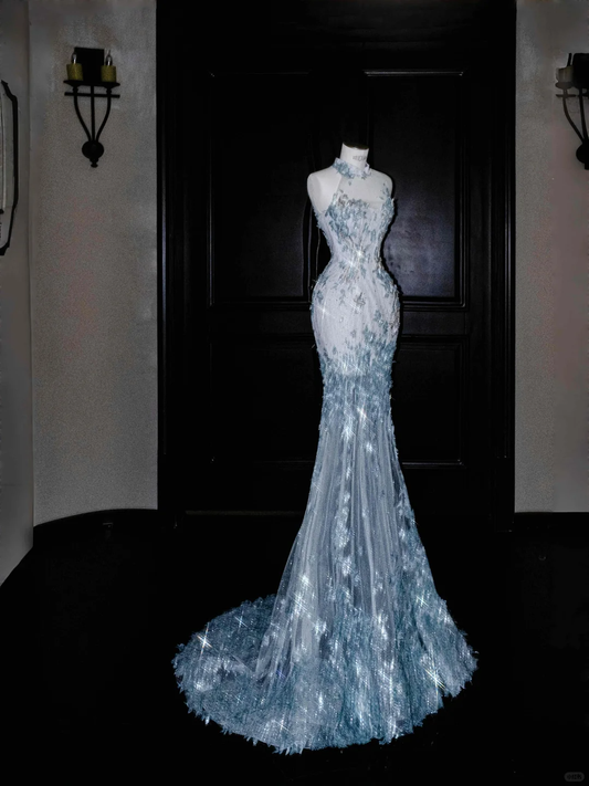 Blaues ärmelloses Meerjungfrau-Kleid mit Perlenapplikationen, langes Abendkleid, Geburtstags-Outfits, D809