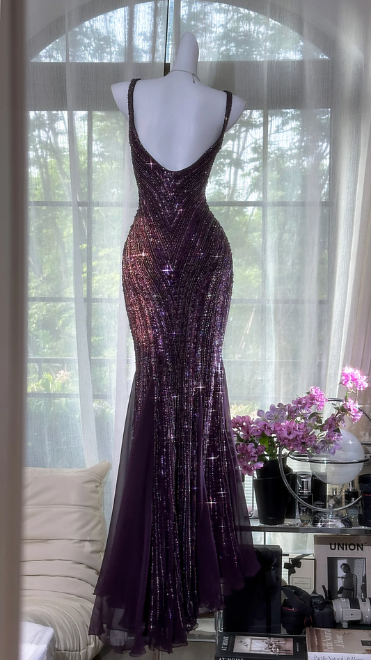 Gorgeous Purple Beaded Sequin V-neck Mermaid Elegant Chiffon Evening Dress Prom Dresses D1613
