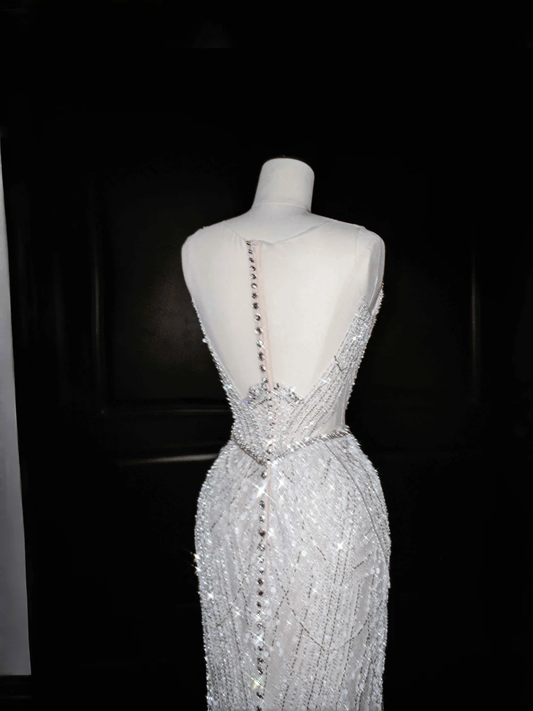 Wunderschönes ärmelloses Meerjungfrau-Kleid mit glänzenden Perlen und langem Abendkleid zum Geburtstag, D811