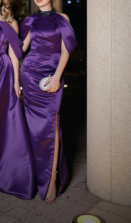 Robe de bal longue élégante en satin violet à col licou et coupe sirène, D199