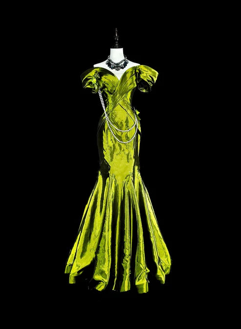 Hellgrünes schulterfreies Meerjungfrau-Satin-Vintage-Abendkleid, langes Partykleid, D895