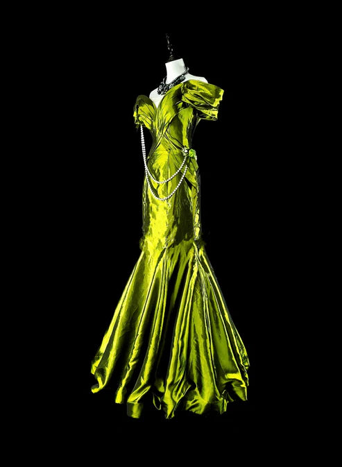 Hellgrünes schulterfreies Meerjungfrau-Satin-Vintage-Abendkleid, langes Partykleid, D895