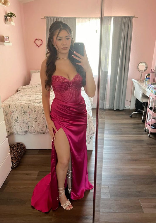 Robe de soirée longue en satin fuchsia à col en cœur, robe de demoiselle d'honneur, D136