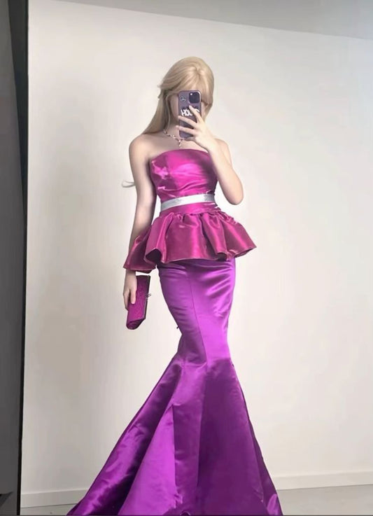 Robe de soirée longue en satin rose style sirène, sans bretelles, unique, pour Barbie, D230