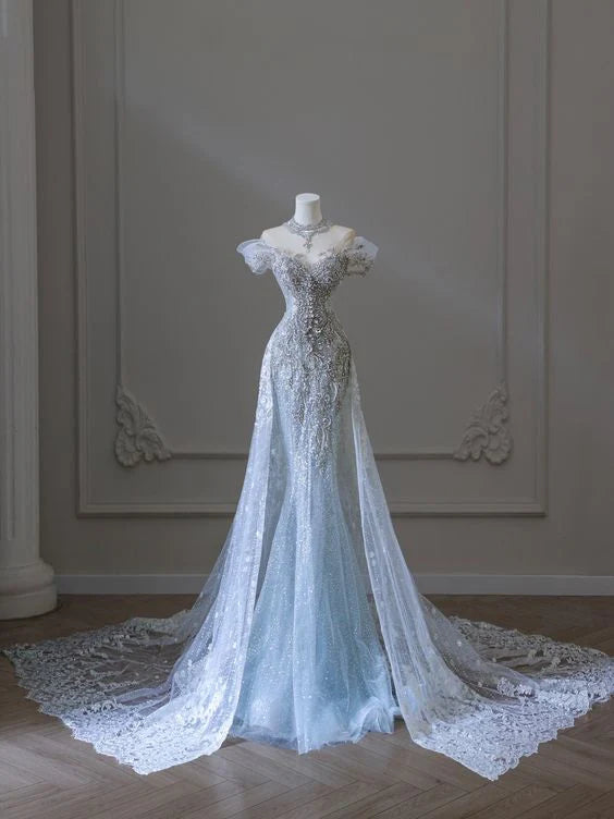 Superbe robe de soirée longue et brillante style sirène à épaules dénudées, D240