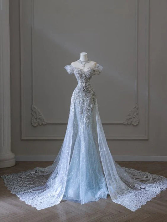 Superbe robe de soirée longue et brillante style sirène à épaules dénudées, D240