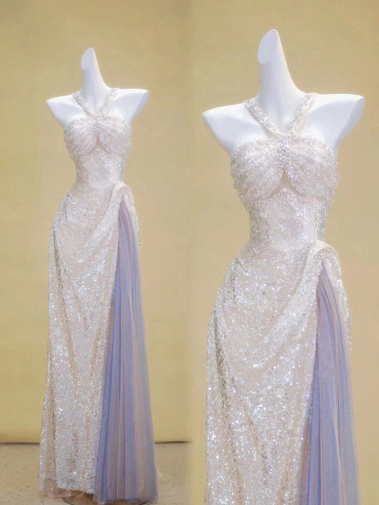 Glänzendes Neckholder-A-Linien-Pailletten-Tüll-Lang-Partykleid-Geburtstags-Outfits, D241