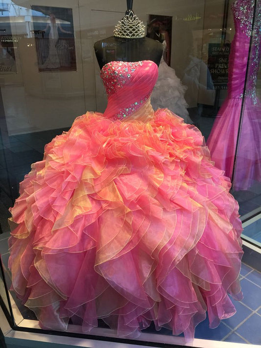 Rosa trägerloses A-Linien-Kleid mit Perlenbesatz und Rüschen, Geburtstags-Ballkleid, Quinceanera-Kleid, D246